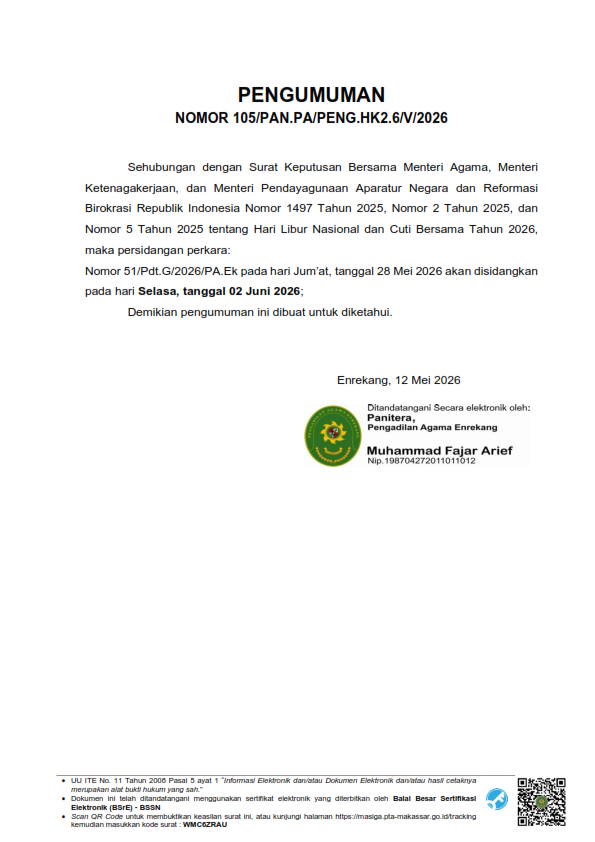 PENGUMUMAN SIDANG DITIADAKAN KARENA CUTI BERSAMA 001