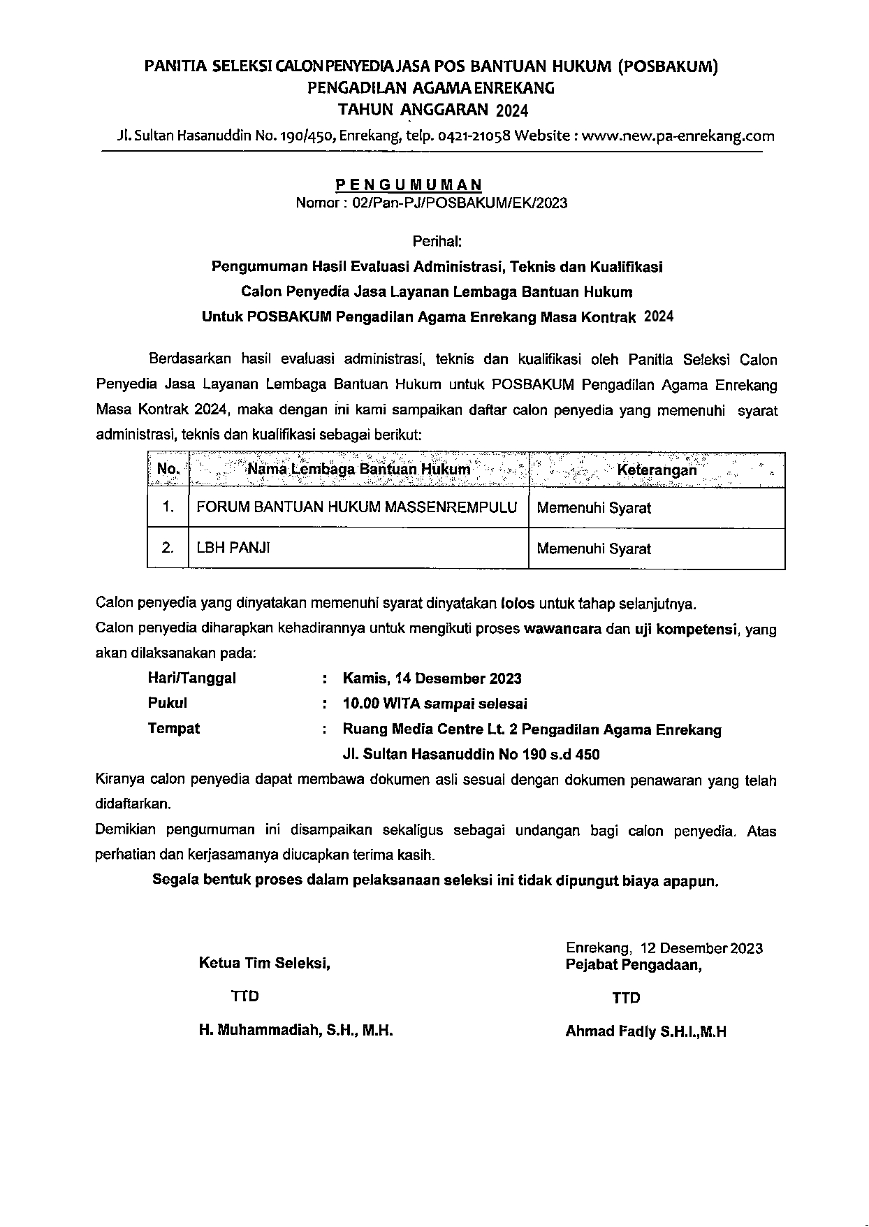 pengumuman Seleksi Administrasi POSBAKUM page 0001